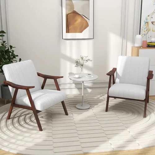 Vista 8 de Giantex Silla decorativa moderna Mid-Century con brazos, cómoda silla tapizada para sala de estar con brazos, almohadillas de fieltro Beige