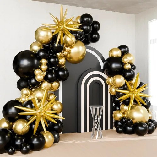 Globos negros y dorados con 3 globos de estrella en explosión, 5, 10, 12, 18 pulgadas, kit de arco de guirnalda de globos negros y dorados para