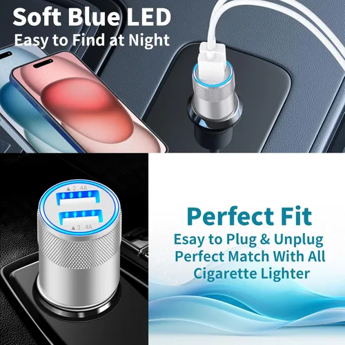 Vista 31 de [Apple MFi Certified] iPhone Fast Car Charger, Rombica 52.5W USB-C PD&QC3.0 Car Power Cigarette Lighter USB Charger Adapter with 2Pack Lightning