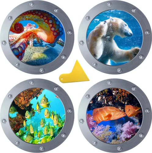 Vista 10 de OTDCGI Calcomanías adhesivas redondas 3D para ventana de ojo de buey de 11 pulgadas, tema oceánico (tortuga marina, tiburón, delfín), calcomanías