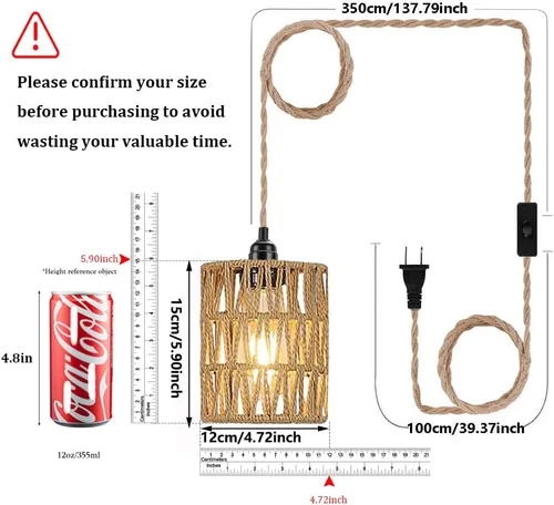 Vista 2 de Lámpara Colgante Bohemia con Enchufe, Luz Colgante with Cable con Enchufe, Lámpara de Techo con Pantalla Cilíndrica de Ratán e Interruptor
