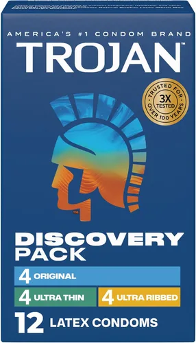 Trojan Discovery Pack, varios condones lubricados de látex para hombres, variedades originales, ultrafinas y ultra acanaladas, 12 unidades