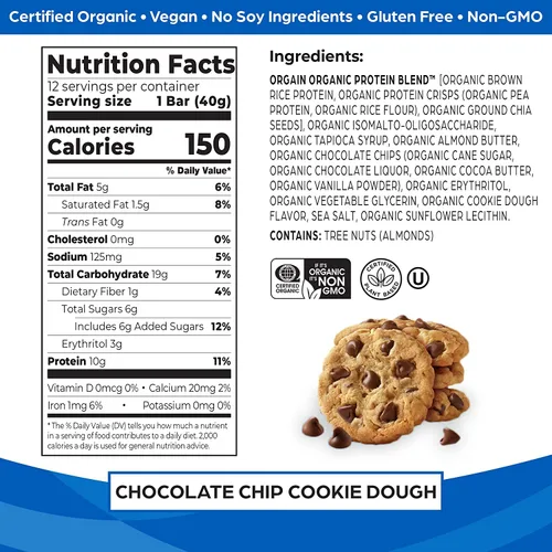 Vista 3 de Orgain Paquete de polvo de proteína sabor chocolate con barras proteínicas de masa de galletas y chispas de chocolate (12 unidades) Hecho sin