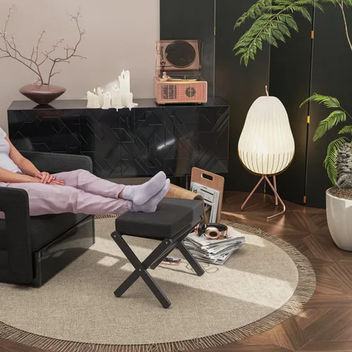 Vista 7 de BAMBOOHOMIE Taburete plegable otomano, moderno reposapiés con patas en X de bambú y cojín de espuma gruesa, taburetes plegables pequeños acolchados