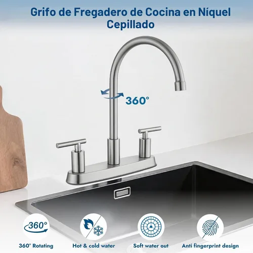 Vista 3 de Grifo de cocina de 2 manijas sin rociador de 2-3 agujeros, níquel