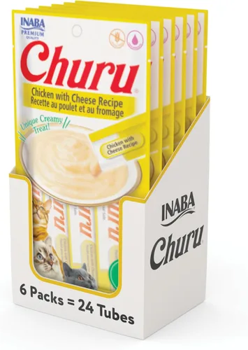 INABA - Golosinas Churu para gatos, puré cremoso para gatos, sin cereales, que se puede lamer y exprimir / suplemento con vitamina E y taurina, 0.5