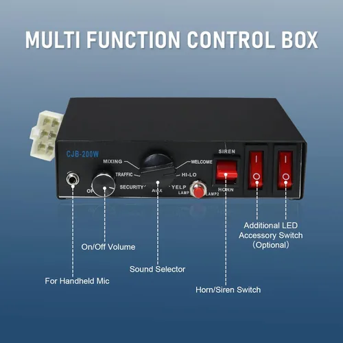 Vista 2 de Sistema de altavoces PA de sirena de advertencia de emergencia de 200W 8 tonos con micrófono de mano y 2 interruptores de control de luces