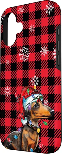 Vista 2 de iPhone 16 Dachshund Christmas Phone Case Red Plaid Pattern Christmas Lights Case