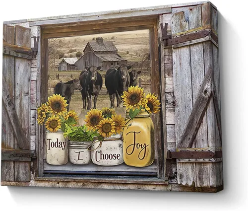 Parylore Tarros de girasol en ventana rústica, arte de pared de vacas angus para decoración de cocina, casa de campo, enmarcado, obra de arte