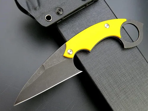 Vista 2 de C1118 Cuchillo de hoja fija, hoja D2 G10 mango EDC cuchillo de herramienta para acampar al aire libre, senderismo, pesca con funda kydex (amarillo)