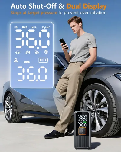 Vista 2 de Inflador de neumáticos, compresor de aire portátil, bomba de aire recargable de 150 PSI con manómetro digital y luz LED, bomba de neumáticos