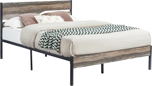 Vista 7 de VECELO - Base de cama con plataforma tamaño matrimonial con cabecera de madera, base de colchón, soporte de listones de metal fuerte, no necesita