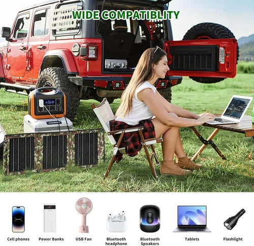 Vista 2 de Cargador de panel solar portátil de 28 W, cargador solar plegable con doble salida USB, panel solar ETFE ligero para camping, senderismo, mochilero