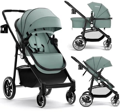 Vista 14 de INFANS Cochecito infantil 2 en 1, cochecito de bebé horizontal y cochecito de cuna reversible, cochecito plegable con toldo ajustable, cesta