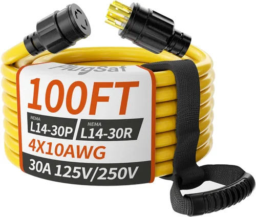 Vista 13 de PlugSaf Cable de extensión para generador de 30 amperios de 10 pies, 4 puntas, NEMA L14-30P/L14-30R calibre 10 STW 125/250 V, cable generador
