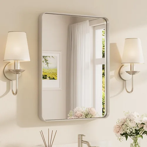 Vista 78 de TETOTE Espejo de marco dorado cepillado de 16 x 24 pulgadas, espejo de tocador de baño de latón dorado para pared, espejo enmarcado rectangular
