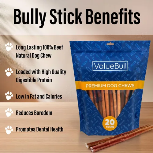 Vista 4 de ValueBull Bully Sticks para perros, gruesos de 12 pulgadas, 25 unidades, golosinas naturales para perros, 100% carne de res, un solo ingrediente