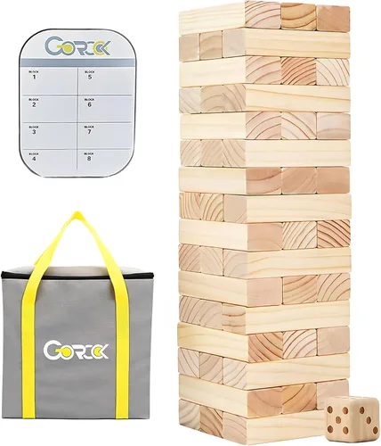 GOROCK Juego de torre gigante de volteo, juego de apilamiento de bloques de madera de 57 piezas (más de 4.2 pies), juegos clásicos familiares para