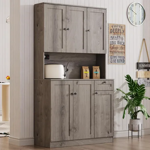 Vista 3 de Furnify Armario de despensa de 71 pulgadas con estación de carga, armario alto de almacenamiento de despensa de cocina con soporte para microondas