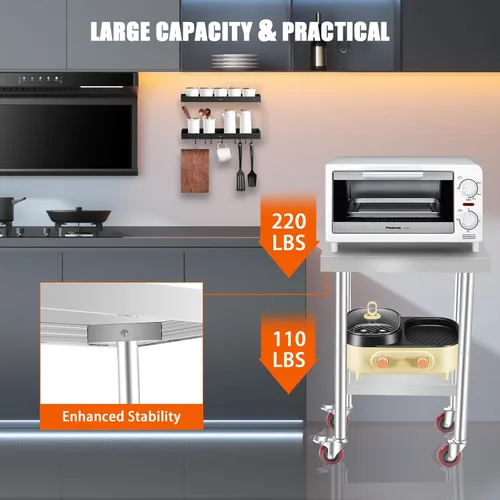 Vista 3 de TECSPACE Clearance Mesa de trabajo de acero inoxidable con ruedas de 30 x 12 pulgadas, mesa de trabajo comercial resistente con estante inferior