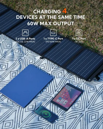 Vista 2 de LUMOPAL - Panel solar portátil, 60 W, paneles solares plegables, cargador solar plegable con PD60W USB C QC3.0 USB A salida impermeable