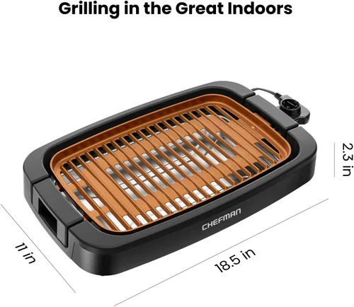 Vista 7 de Chefman Parrilla Eléctrica de Interior Sin Humo, Cobre, Extra Grande, Parrilla de Mesa Antiadherente para Asar en Interiores y BBQ con Control