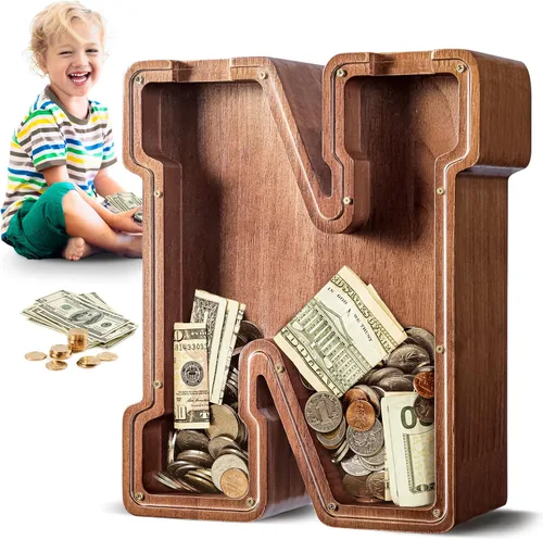 Vista 11 de SummiDate Alcancía de madera de letra para niños y niñas, Alfabeto, regalo de cumpleaños para niños (W)