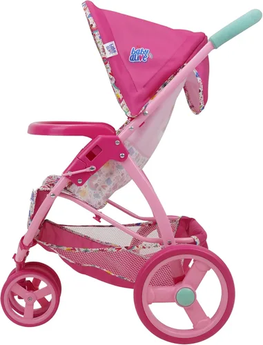 Vista 2 de Baby Alive: Cochecito de muñeca para correr, rosa y arcoíris, se adapta a muñecas de hasta 24 pulgadas, toldo retráctil, barra de parachoques