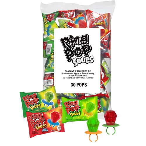 Vista 6 de Ring Pop caramelos de Navidad azules envueltos individualmente, paquete a granel de 30 piruletas, piruletas sabor frambuesa para niños, dulces