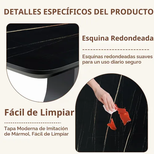 Vista 6 de Juego de mesa de comedor moderno para 4, juego de sillas de mesa de cocina de mármol sintético, mesa rectangular de MDF de 63 pulgadas, sillas Negro