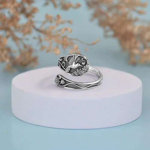 Vista 3 de Spoon Ring Sterling Silver Hummingbird Ring Vintage Antique Spoon Rings Adjustable Thumb Rings for Women