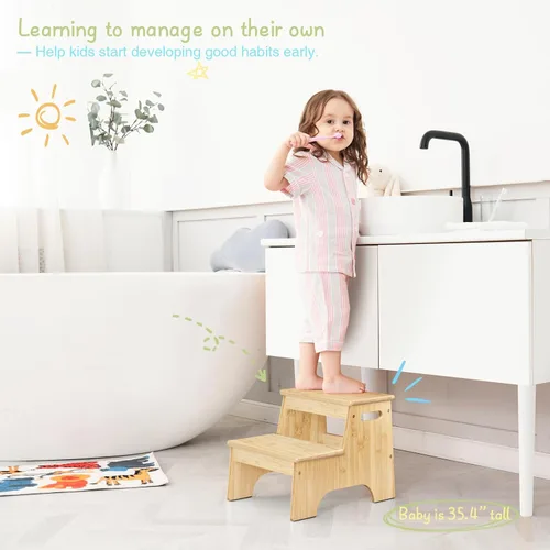 Vista 2 de Forbena Taburete de Baño de Madera para Niños Pequeños, Taburete Resistente de 2 Escalones para Niños para Lavabo de Baño Encimera de Cocina, Madera