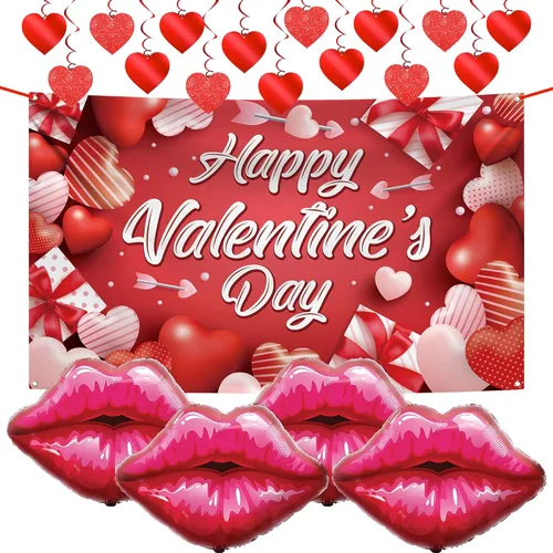 KatchOn, Red Lip Balloons Set - Large 30 Inch, Pack of 4 | Happy Valentines Day Banner - XtraLarge 72x44 Inch | Glitter Red Hanging Heart Swirls -