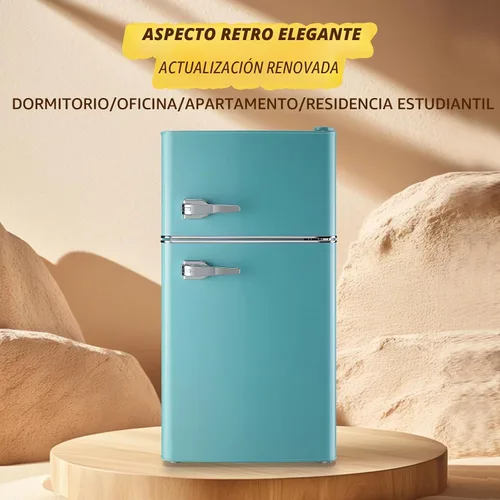 Vista 8 de Mini nevera con freezer, refrigerador pequeño de doble puerta con estantes de vidrio extraíbles, 7 ajustes de temperatura, mango desmontable