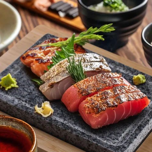 Vista 3 de Set de parrilla de piedra para filete Artestia con 2 piedras de granito y 1 bandeja de bambú – Juego de cocina de piedra caliente estilo restaurante