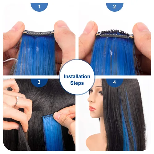 Vista 3 de 12 extensiones de cabello de colores de 20 pulgadas (azul, morado, verde azulado, rosa) Extensión de cabello lacio con clip de color arcoíris
