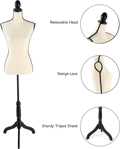 Vista 2 de Maniquí femenino con forma de torso y con trípode ajustable, color negro, para mostrar ropa o joyería