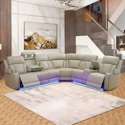 Vista 35 de Juego de sofá modular reclinable eléctrico para sala de estar, juego de sofá reclinable de cuero con luces LED / almacenamiento oculto, sofá