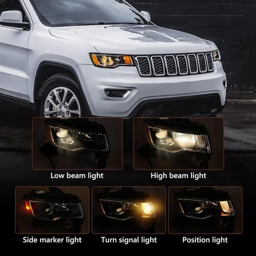 Vista 3 de FIONE Conjunto de faros delanteros halógenos compatible con Jeep Grand Cherokee 2017 2018 2019 2020 2021 repuesto con carcasa cromada, marco