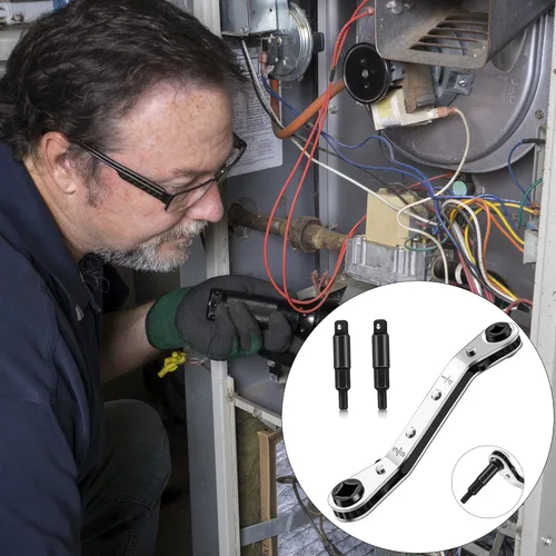 Vista 7 de Llaves de servicio HVAC: Llave de trinquete de válvula de aire acondicionado de 3/16” a 3/8” 5/16’’ x 1/4’’ con kit de adaptador de 2 bits