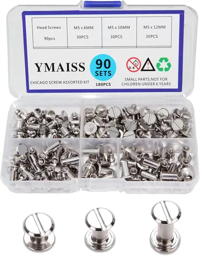 YMAISS 90 juegos de tornillos Chicago de 3 tamaños de 1/4, 3/8, 1/2 pulgadas, tornillos para encuadernación, tornillos de fijación de botón de