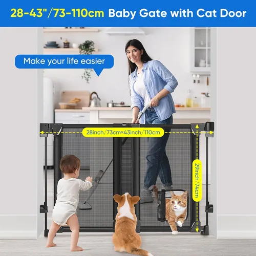 Vista 5 de Puerta de bebé mejorada de 28 a 43 pulgadas, sin barra inferior, puerta de perro de montaje de hardware resistente con puerta de gato, puerta