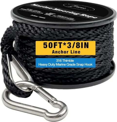 Cuerda de anclaje para barco de nylon trenzado doble de 50 pies de 3/8 pulgadas con guardacabo de acero inoxidable 316 y gancho de resorte Negro