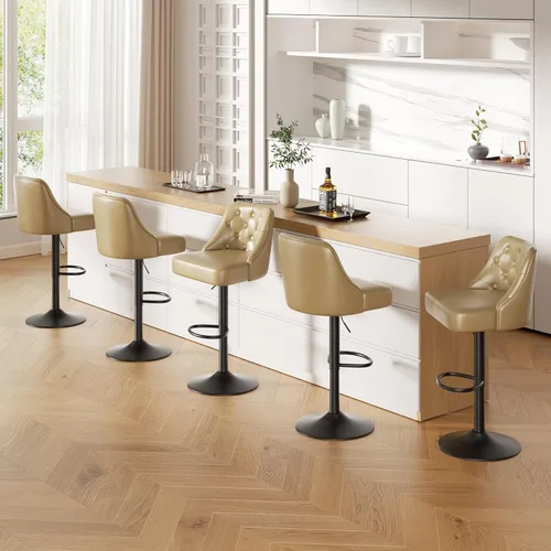 Vista 18 de Juego de 2 taburetes de bar, taburete de bar ajustable con respaldo, sillas de bar tapizadas de piel sintética, taburetes de bar giratorios modernos