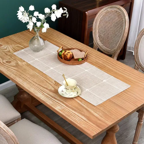 Vista 13 de Camino de mesa de tela bordada, rústico, a cuadros, camino de mesa rectangular a cuadros para comedor, tocador, café, fiesta, decoración de mesa