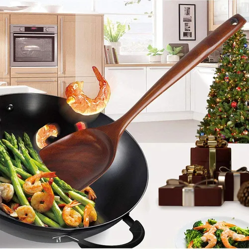 Vista 8 de FJNATINH Juego de herramientas de cuchara de espátula de madera para wok, espátula de wok de teca de mango largo de 14 pulgadas