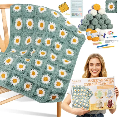 Vista 12 de Coopay Kit de manta de ganchillo para principiantes, kit de manta cuadrada de abuela todo en uno con video paso a paso y suficientes hilos. Maestra