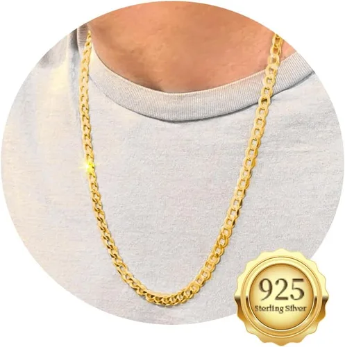 18K Gold Plated 4mm Sterling Silver Cuban Link Chain for Men, Solid 925 Sterling Silver Chain for Men Women, Diamond-Cut Chains for Men
