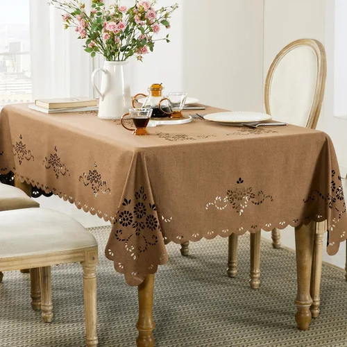 Vista 12 de Wracra Mantel redondo de macramé impermeable, estilo lino de granja, resistente a las arrugas, lavable, para interiores y exteriores