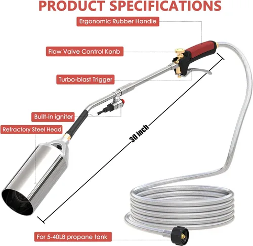Vista 4 de Kit de Antorcha de Propano Quemador de Malezas, Alta Salida BTU con Manguera Tejida de 10 Pies, Antorcha Resistente con Control de Llama y Botón